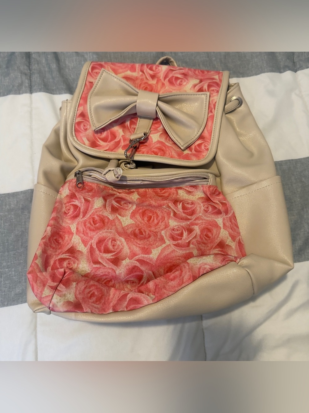 Floral Bow Accent Beige & Pink Backpack